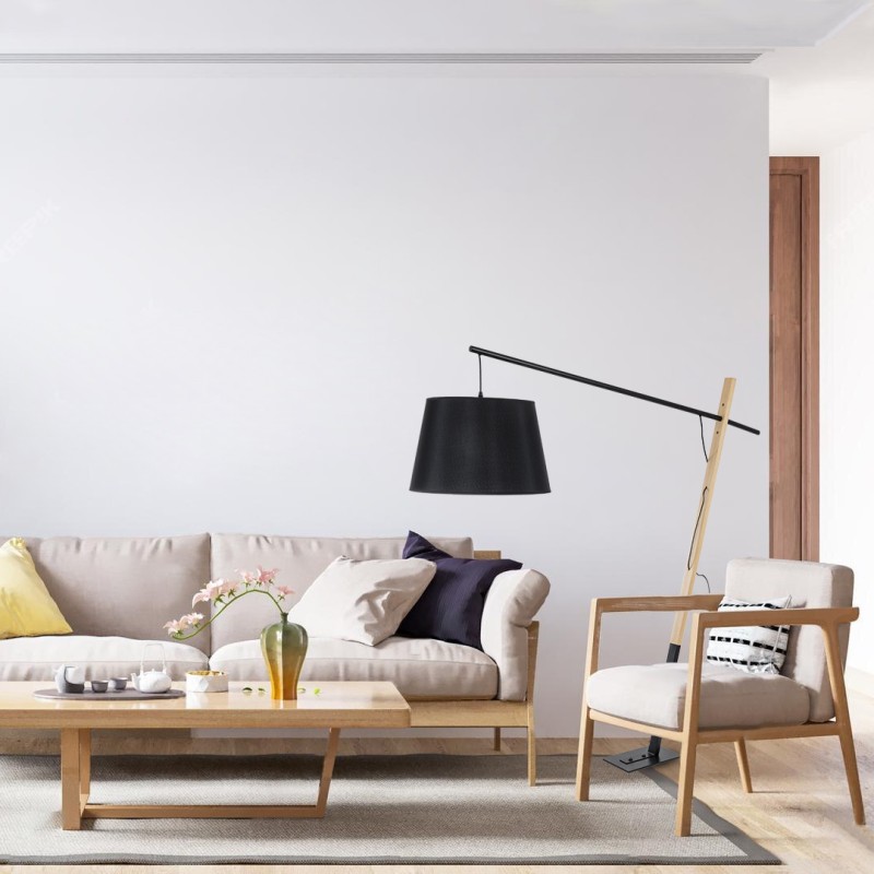 GloboStar® KELSIE 02029 Μοντέρνο Επιδαπέδιο Φωτιστικό Μονόφωτο 1 x E27 IP20 Μαύρο Μέταλλο, Μαύρο Ύφασμα με Μπεζ Ξύλο - Μ40 x Π125 x Υ140cm