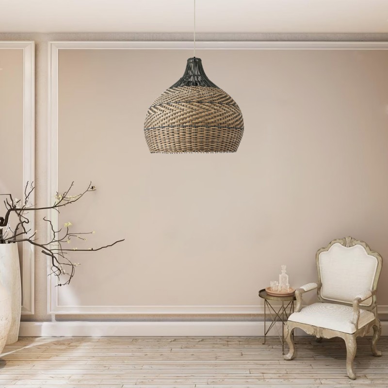 GloboStar® SEYCHELLES 01949 Boho Κρεμαστό Φωτιστικό Καμπάνα Μονόφωτο 1 x E27 IP20 Μπεζ, Καφέ & Χακί Ξύλο - Μ60 x Π60 x Υ60cm