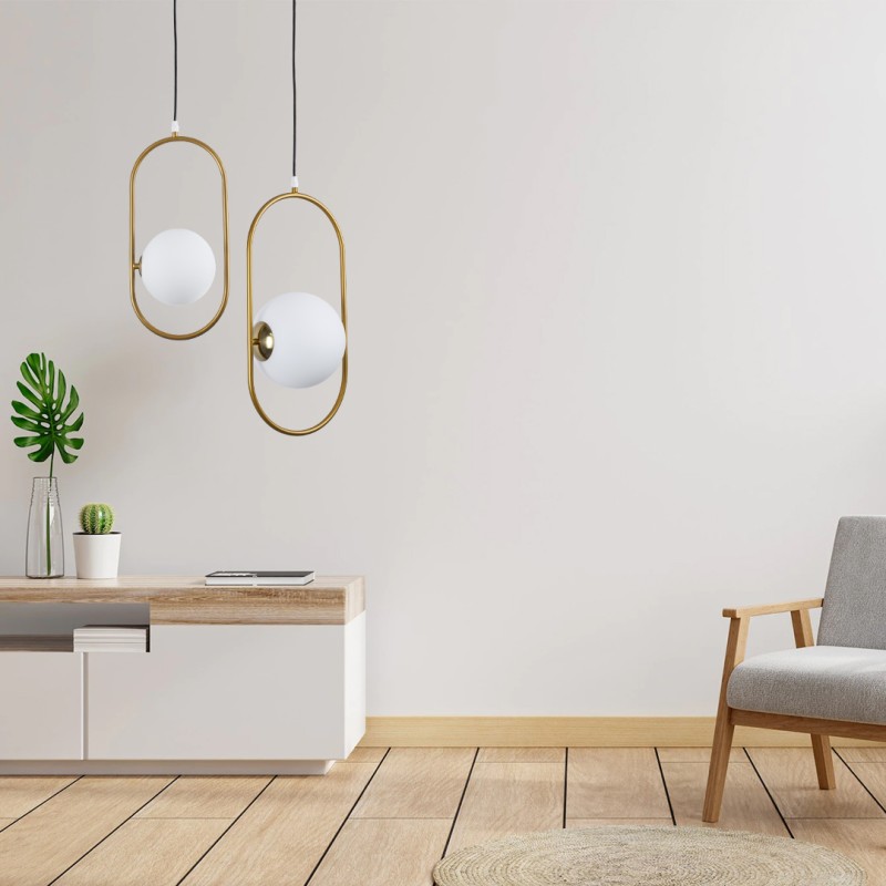 GloboStar® HAMBURG 00592 Μοντέρνο Κρεμαστό Φωτιστικό Μπάλα Μονόφωτο 1 x E14 IP20 Χρυσό Μέταλλο με Λευκό Γυαλί - Μ25 x Π20 x Υ50cm