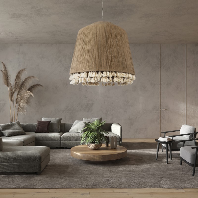 GloboStar® PUERTORICO 02093 Boho Κρεμαστό Φωτιστικό Καμπάνα Τρίφωτο 3 x E27 IP20 Μπεζ & Λευκό Σχοινί - Μ80 x Π80 x Υ80cm