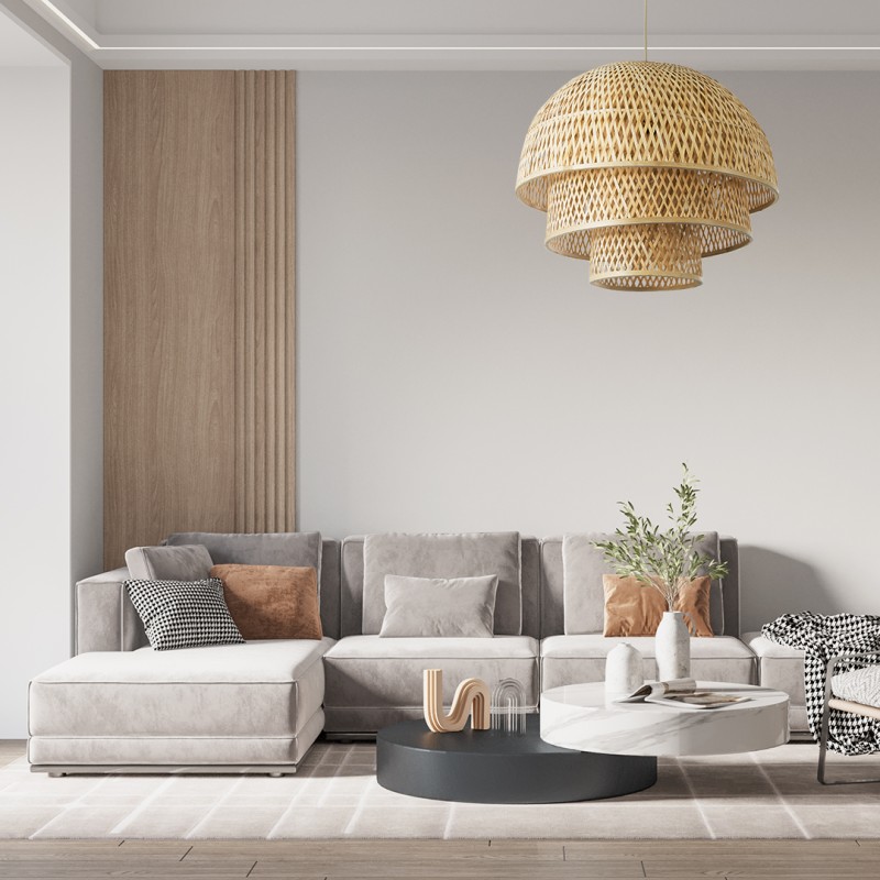 GloboStar® HIROKA 01836 Boho Κρεμαστό Φωτιστικό Πλέγμα Μονόφωτο 1 x E27 IP20 Μπεζ Ξύλο - Μ60 x Π60 x Υ50cm