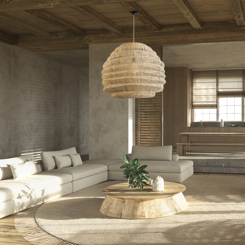 GloboStar® OREGON 02207 Boho Κρεμαστό Φωτιστικό Πλέγμα Μονόφωτο 1 x E27 IP20 Μπεζ Ξύλο - Μ80 x Π80 x Υ65cm