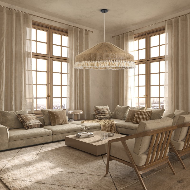 GloboStar® PUERTORICO 02099 Boho Κρεμαστό Φωτιστικό Καμπάνα Τριφωτο 3 x E27 IP20 Μπεζ & Λευκό Σχοινί - Μ80 x Π80 x Υ35cm