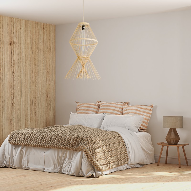 GloboStar® YOSHI 01928 Boho Κρεμαστό Φωτιστικό Πλέγμα Μονόφωτο 1 x E27 IP20 Μπεζ Ξύλο - Μ35 x Π35 x Υ60cm