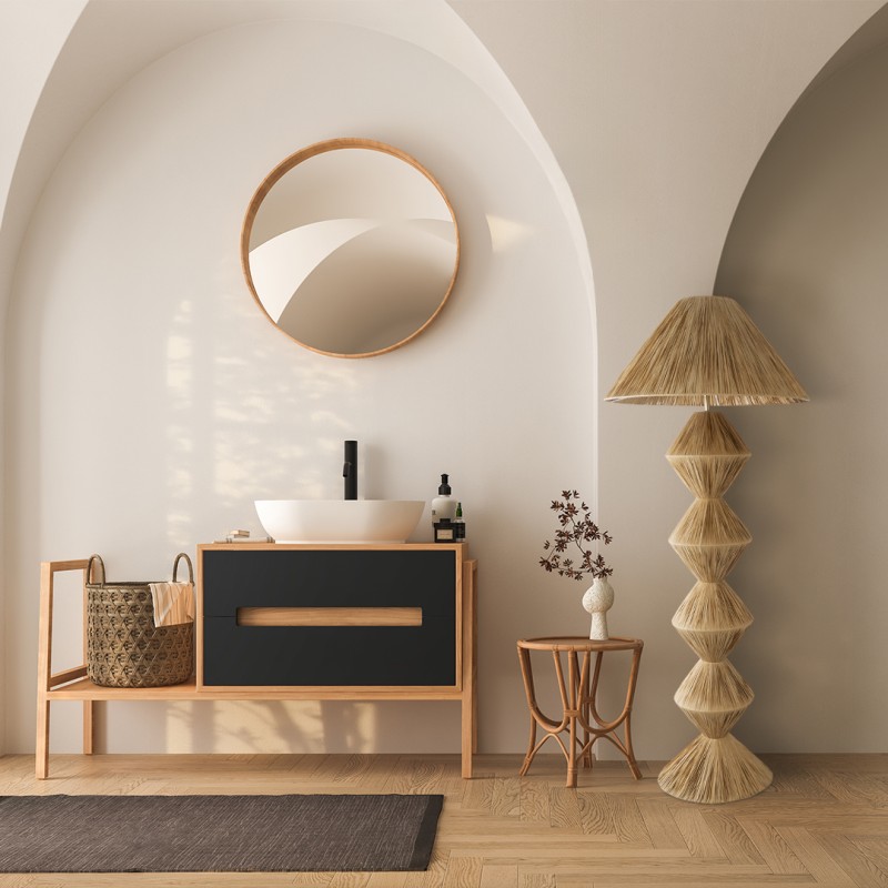 GloboStar® LUANA 02108 Boho Επιδαπέδιο Φωτιστικό Μονόφωτο 1 x E27 IP20 Μπεζ Ράφια - Μ60 x Π60 x Υ150cm