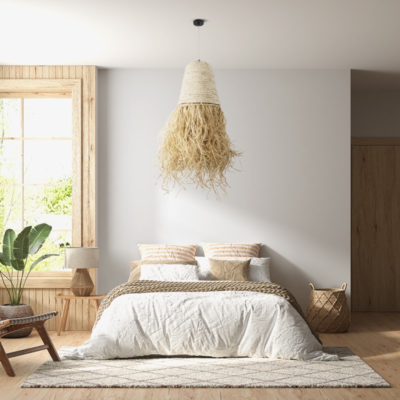 GloboStar® LETA 02189 Boho Κρεμαστό Φωτιστικό Πλέγμα Μονόφωτο 1 x E27 IP20 Μπεζ Ράφια - Μ34 x Π34 x Υ70cm