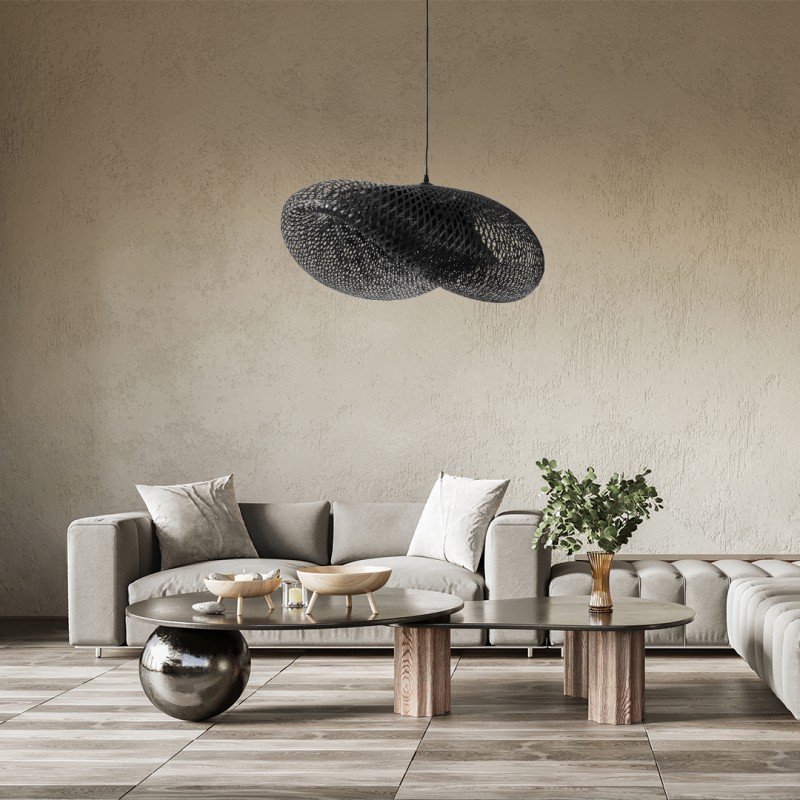 GloboStar® MEXICO 02202 Boho Κρεμαστό Φωτιστικό Πλέγμα Μονόφωτο 1 x E27 IP20 Μαύρο Ξύλο - Μ85 x Π50 x Υ30cm