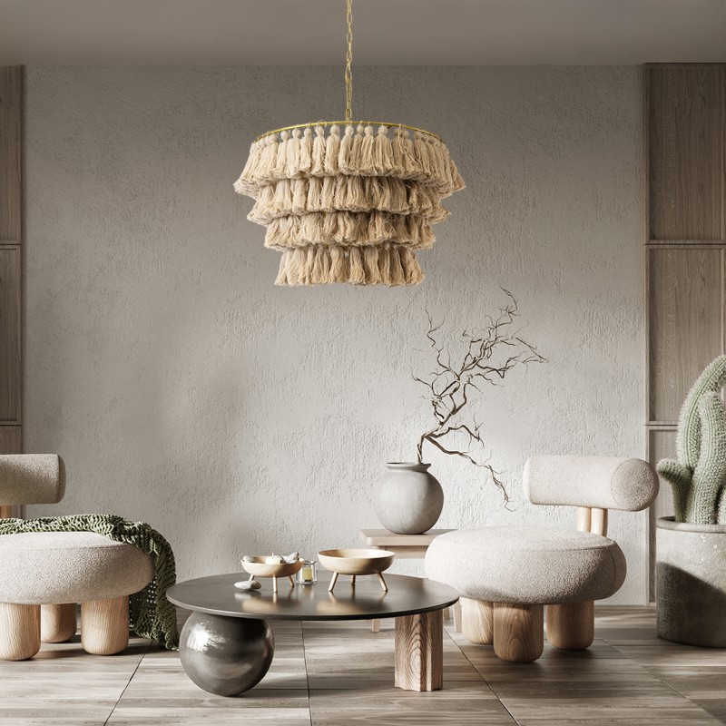 GloboStar® MISSOULA 02088 Boho Κρεμαστό Φωτιστικό Σχοινί Μονόφωτο 1 x E27 IP20 Μπεζ Ύφασμα με Χρυσό Μέταλλο - Μ60 x Π60 x Υ40cm