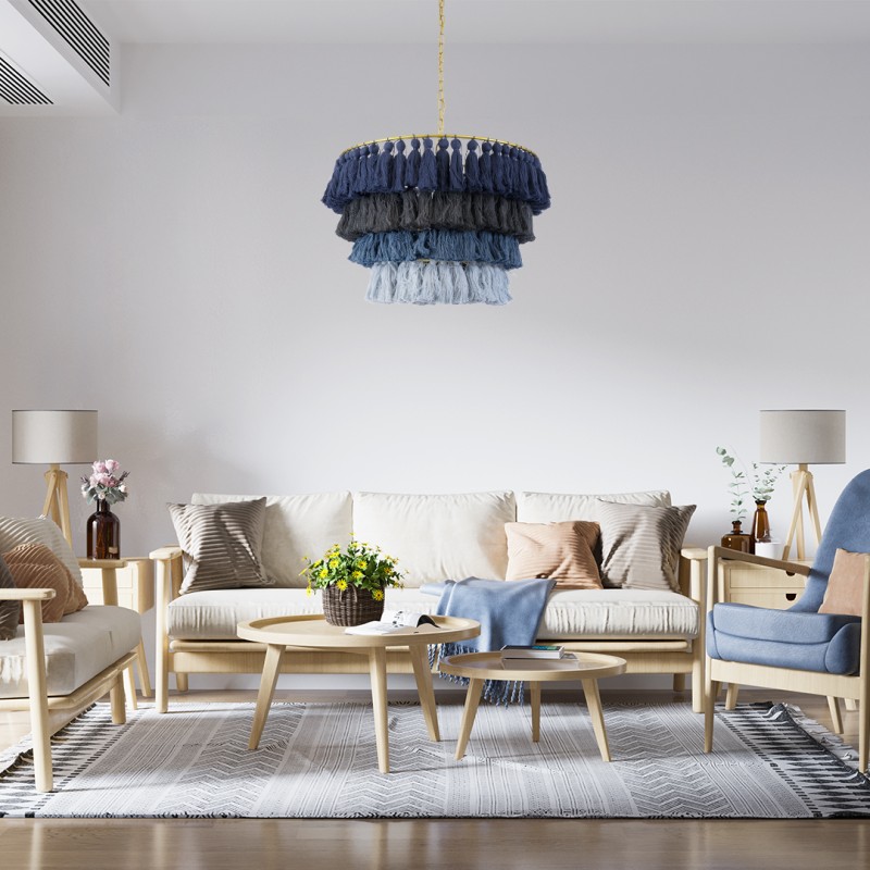 GloboStar® MISSOULA 02089 Boho Κρεμαστό Φωτιστικό Σχοινί Μονόφωτο 1 x E27 IP20 Πολύχρωμο Ύφασμα με Χρυσό Μέταλλο - Μ60 x Π60 x Υ40cm