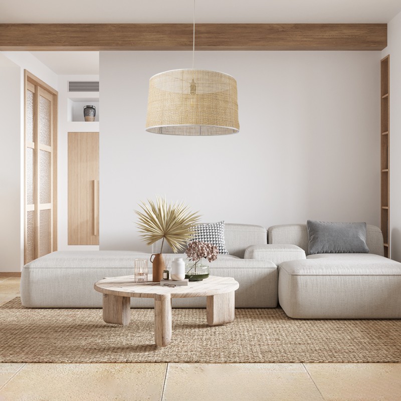 GloboStar® YOTTO 01822 Boho Κρεμαστό Φωτιστικό Καπέλο Μονόφωτο 1 x E27 IP20 Μπεζ Ξύλο - Μ55 x Π55 x Y30cm