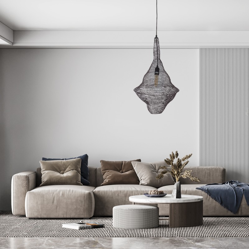 GloboStar® KENTUCKY 01872 Vintage Κρεμαστό Φωτιστικό Πλέγμα Μονόφωτο 1 x E27 IP20 Καφέ Μέταλλο - Μ35 x Π35 x Υ60cm