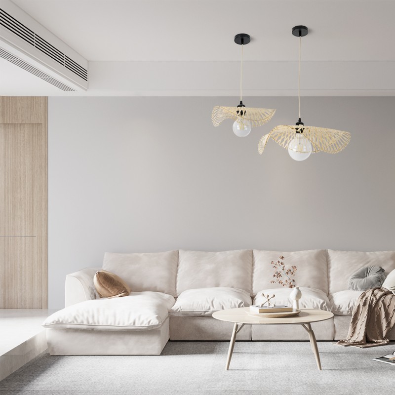 GloboStar® MELEMELE 01839 Boho Κρεμαστό Φωτιστικό Πλέγμα Μονόφωτο 1 x E27 IP20 Μπεζ Ξύλο - Μ35 x Π35 x Υ4cm