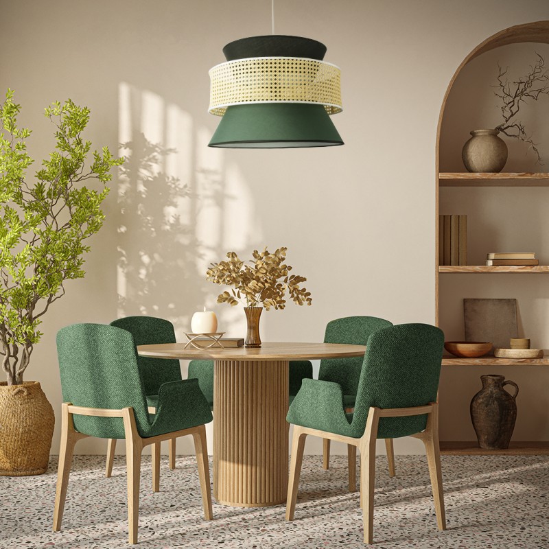 GloboStar® SAIGE 01916 Boho Κρεμαστό Φωτιστικό Πλέγμα Μονόφωτο 1 x E27 IP20 Μπεζ Ξύλο με Μαύρο & Πράσινο Ύφασμα - Μ50 x Π50 x Υ36cm