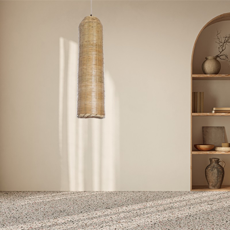 GloboStar® WAIKIKI 02349 Boho Κρεμαστό Φωτιστικό Πλέγμα Μονόφωτο 1 x E27 IP20 Μπεζ Ξύλο - Μ20 x Π20 x Υ80cm