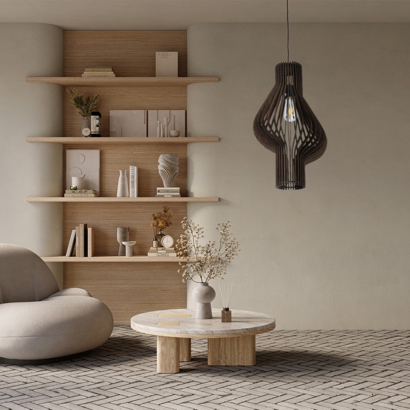 GloboStar® MIHIRO 02173 Boho Κρεμαστό Φωτιστικό Πλέγμα Μονόφωτο 1 x E27 IP20 Καφέ Ξύλο - Μ32 x Π32 x Υ56cm