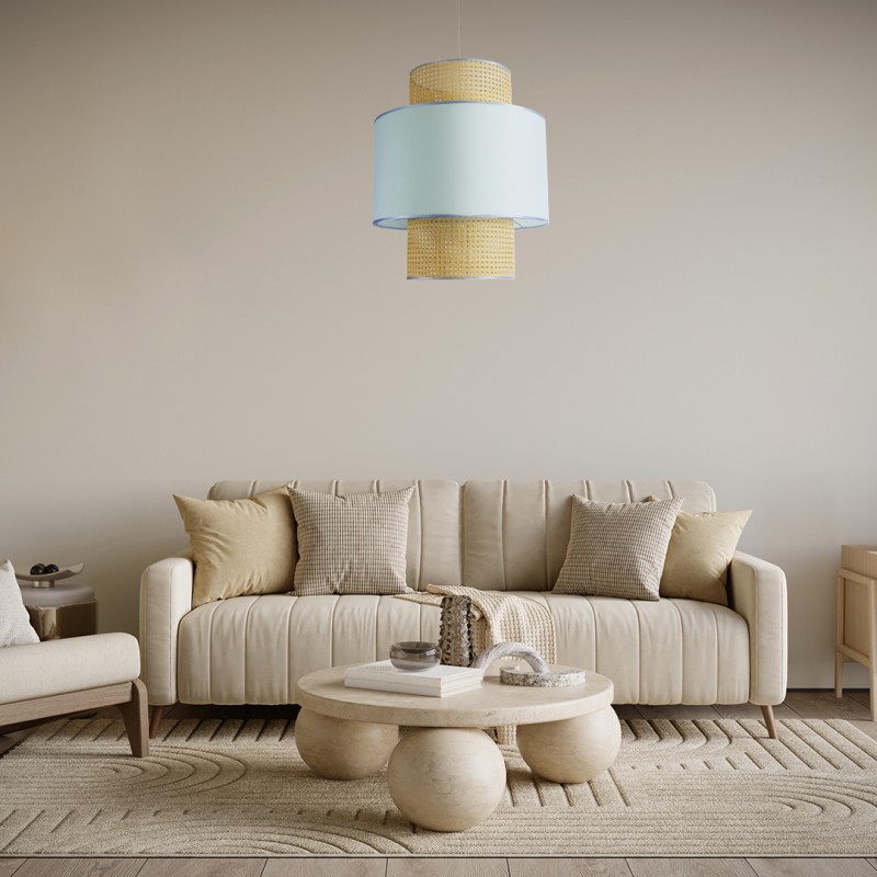 GloboStar® SAIGE 02045 Boho Κρεμαστό Φωτιστικό Πλέγμα Μονόφωτο 1 x E27 IP20 Μπεζ Ξύλο με Γαλάζιο Ύφασμα - Μ50 x Π50 x Υ60cm