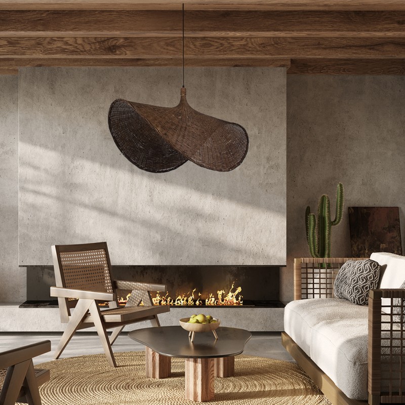 GloboStar® CUBA 01770 Boho Κρεμαστό Φωτιστικό Ανάρτηση Μονόφωτο 1 x E27 IP20 Καφέ Ξύλο - Μ100 x Π100 x Y55cm