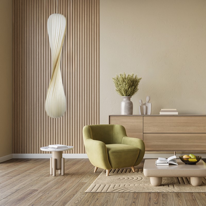 GloboStar® PRAIA 02317 Μοντέρνο Κρεμαστό Φωτιστικό Πλέγμα Δίφωτο 2 x E27 IP20 Μπεζ & Λευκό Ξύλο - Μ25 x Π25 x Υ145cm