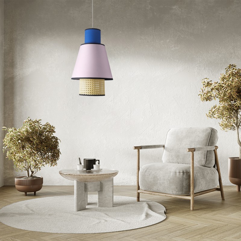 GloboStar® SAIGE 01921 Boho Κρεμαστό Φωτιστικό Πλέγμα Μονόφωτο 1 x E27 IP20 Μπεζ Ξύλο με Μπλε & Ροζ Ύφασμα - Μ30 x Π30 x Υ48cm