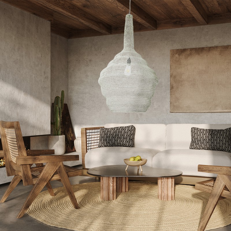 GloboStar® KENTUCKY 01883 Vintage Κρεμαστό Φωτιστικό Πλέγμα Μονόφωτο 1 x E27 IP20 Μπεζ Μέταλλο - Μ60 x Π60 x Υ90cm