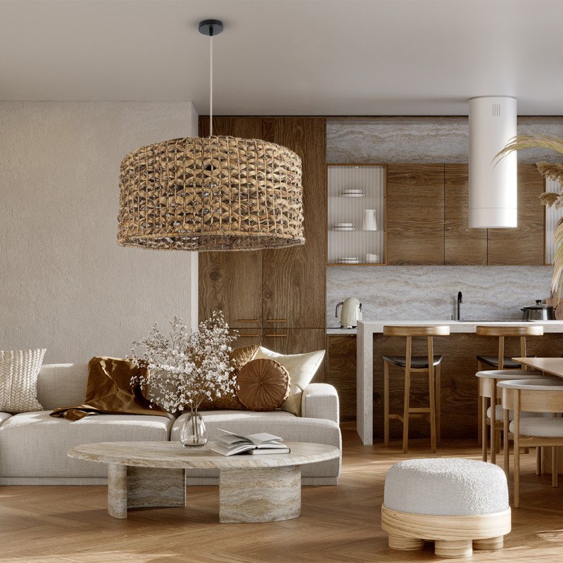 GloboStar® MANGATA 01849 Boho Κρεμαστό Φωτιστικό Καμπάνα Μονόφωτο 1 x E27 IP20 Καφέ Ξύλο - Μ60 x Π60 x Υ28cm