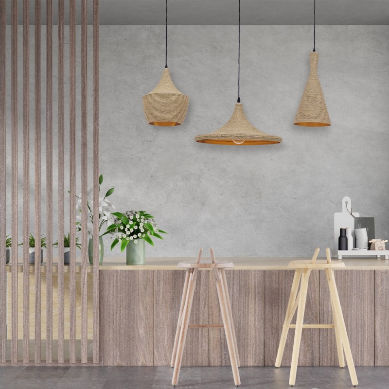 GloboStar® SHANGHAI ROPE 00875 Μοντέρνό Κρεμαστό Φωτιστικό Καμπάνα Σετ Τρίφωτο 3 x E27 IP20 Μπεζ Σχοινί με Χρυσό Μέταλλο - Μ81 x Π81 x Υ39cm