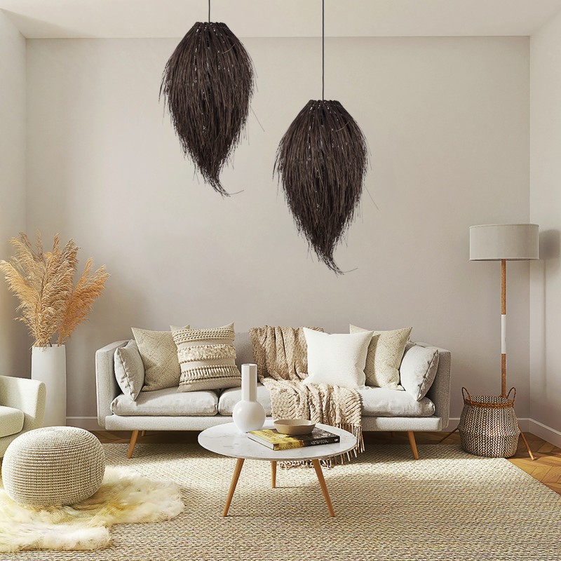 GloboStar® ARCHIPELAGO 01748 Boho Κρεμαστό Φωτιστικό Πλέγμα Μονόφωτο 1 x E27 IP20 Καφέ Ξύλο - Μ30 x Π30 x Υ63cm