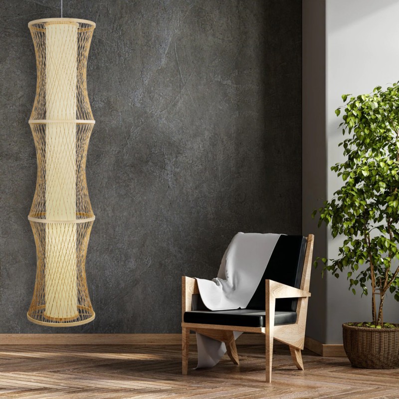 GloboStar® HIBISCUS 01783 Boho Κρεμαστό Φωτιστικό Πλέγμα Μονόφωτο 1 x E27 IP20 Μπεζ Ξύλο - Μ35 x Π35 x Υ150cm