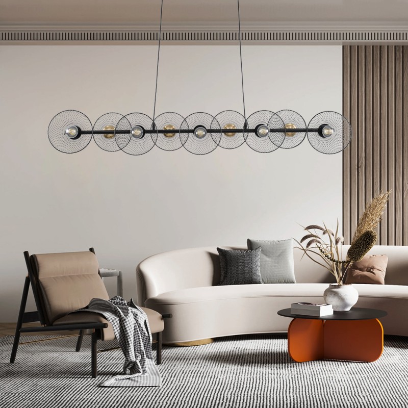 GloboStar® VERONA 00588 Μοντέρνο Κρεμαστό Φωτιστικό Ράγα Πολύφωτο 9 x E27 Μαύρο & Χρυσό Μέταλλο - Μ140 x Π28 x Υ20cm