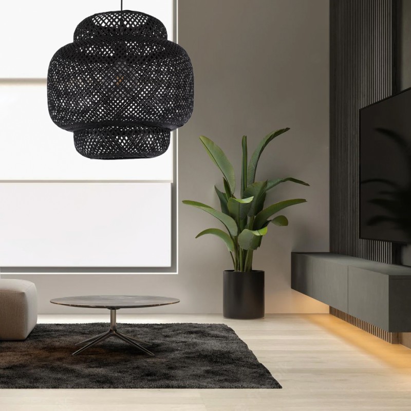 GloboStar® MALDIVES 00579 Boho Κρεμαστό Φωτιστικό Πλέγμα Μονόφωτο 1 x E27 IP20 Μαύρο Ξύλο - Μ56 x Π56 x Y54cm