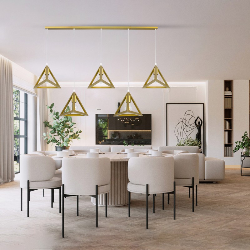 GloboStar® TRIANGLE 00610 Μοντέρνο Κρεμαστό Φωτιστικό Ράγα Πολύφωτο 5 x E27 IP20 Χρυσό Μέταλλο - Μ170 x Π22 x Y130cm
