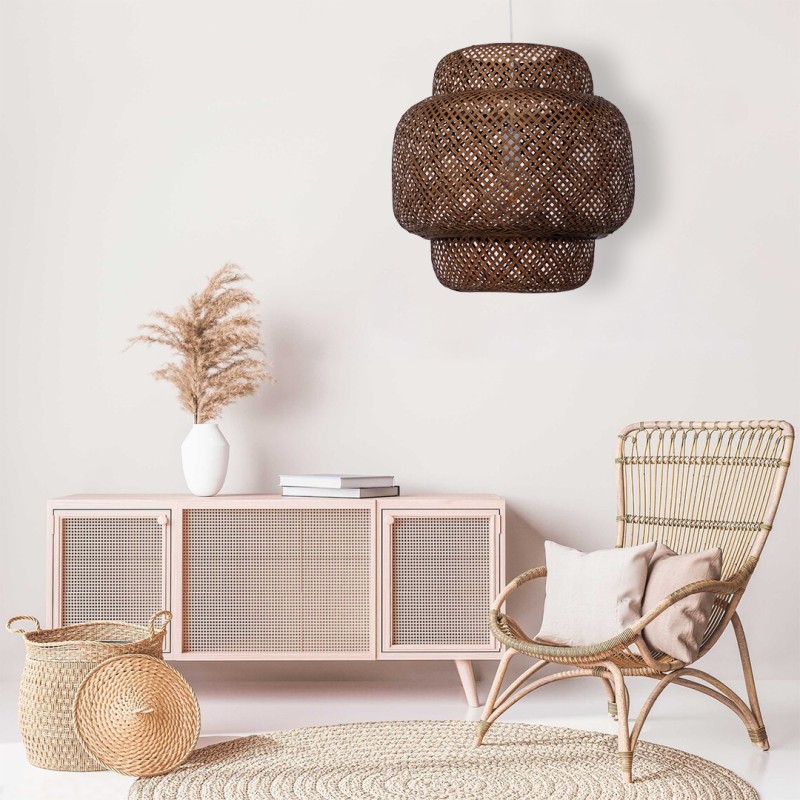 GloboStar® MALDIVES 01658 Boho Κρεμαστό Φωτιστικό Πλέγμα Μονόφωτο 1 x E27 IP20 Καφέ Ξύλο - Μ56 x Π56 x Υ54cm