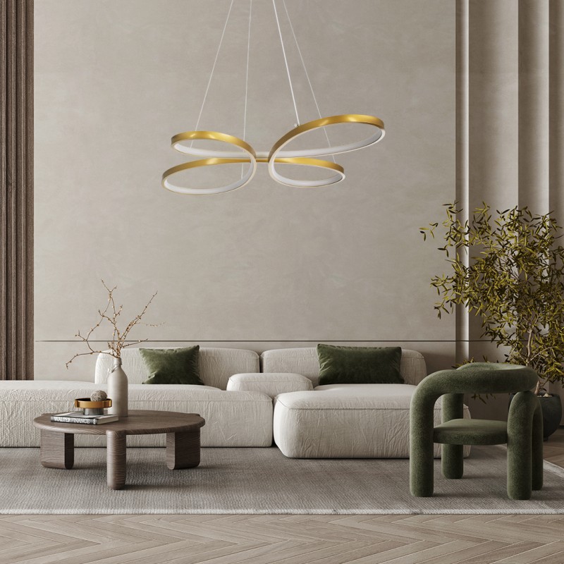 GloboStar® BUTTERFLY 61393 Κρεμαστό Φωτιστικό Οροφής Design LED CCT 75W 8400lm 300° AC 220-240V - Εναλλαγή Φωτισμού μέσω Τηλεχειριστηρίου All In One Ψυχρό 6000k+Φυσικό 4500k+Θερμό 2700k Dimmable Μ71 x Π52 x Υ4cm - Χρυσό Βούρτσας - 3 Years Warranty