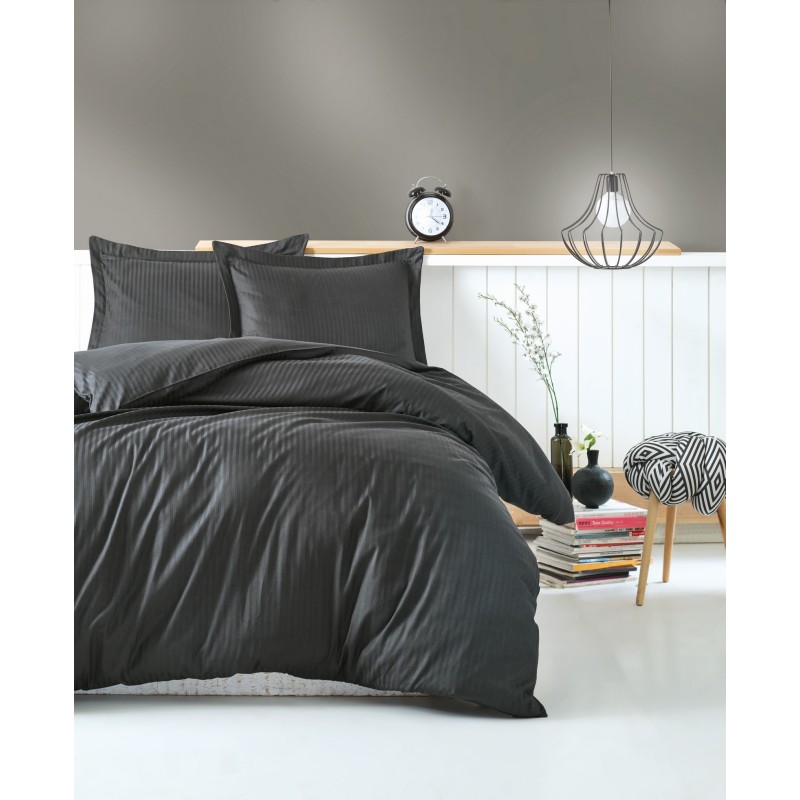 Lessentiel Satin Double Quilt Cover Set Stripe - Anthracite Anthracite