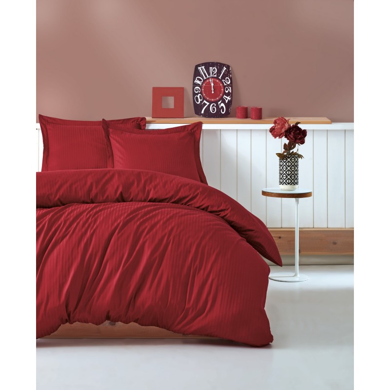 Lessentiel Satin Double Quilt Cover Set Stripe - Claret Red Claret Red