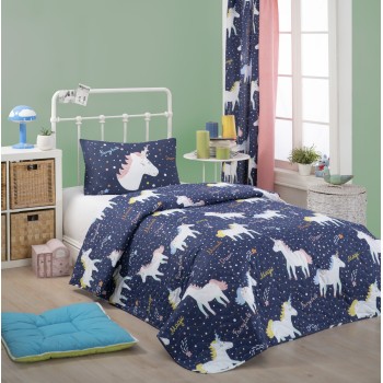 Single Quilted Bedspread Set Magic Unicorn - Dark Blue Dark Blue
White
Yellow