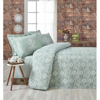 Single Quilted Bedspread Set Pure - Water Green Sea Green
White