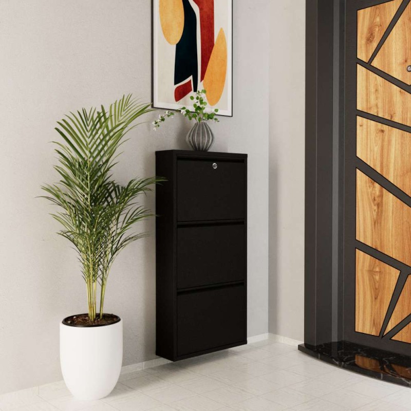 Shoe Cabinet Locking 3 Piece Metal - Black Black