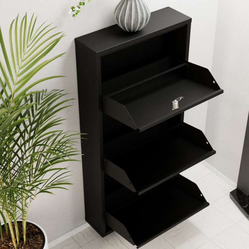 Shoe Cabinet Locking 3 Piece Metal - Black Black