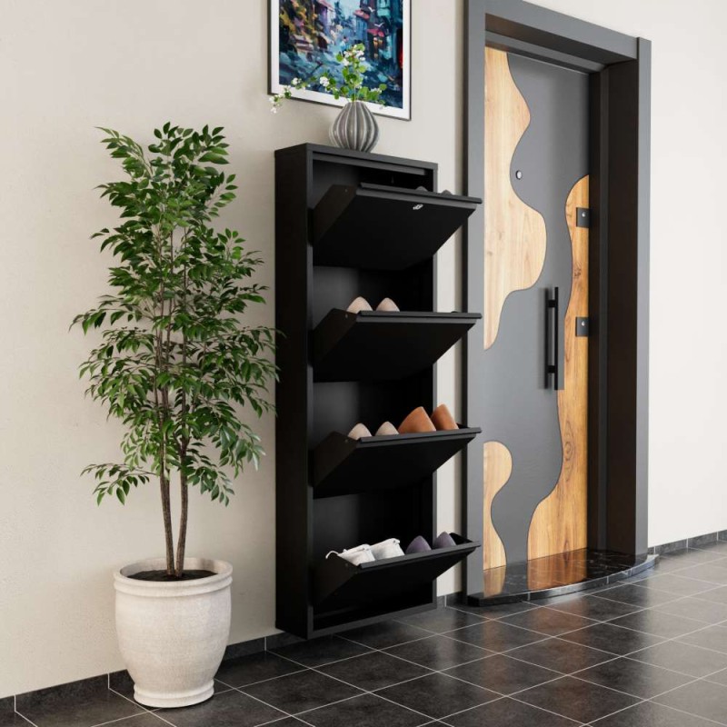 Shoe Cabinet Locking 4 Piece Metal - Black Black