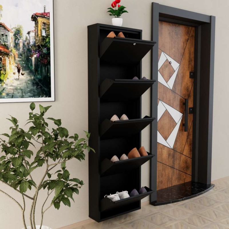 Shoe Cabinet Locking 5 Piece Metal - Black Black