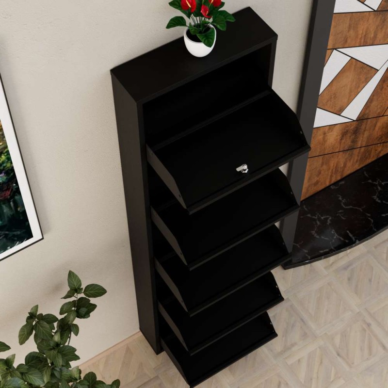 Shoe Cabinet Locking 5 Piece Metal - Black Black