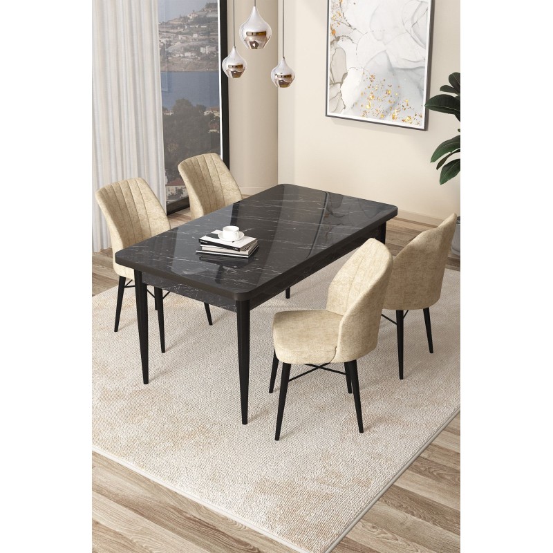 Dining Table & Chairs Set (5 Pieces) Arp - Black Marble, Cream Black Marble
Cream