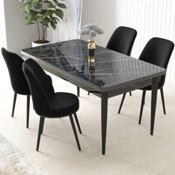 Dining Table & Chairs Set (5 Pieces) Nil - Black Marble, Black Black Marble
Black