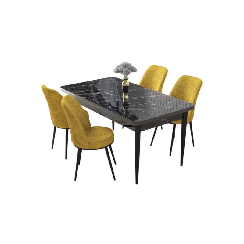 Dining Table & Chairs Set (5 Pieces) Nil - Black Marble, Mustard Black Marble
Mustard
