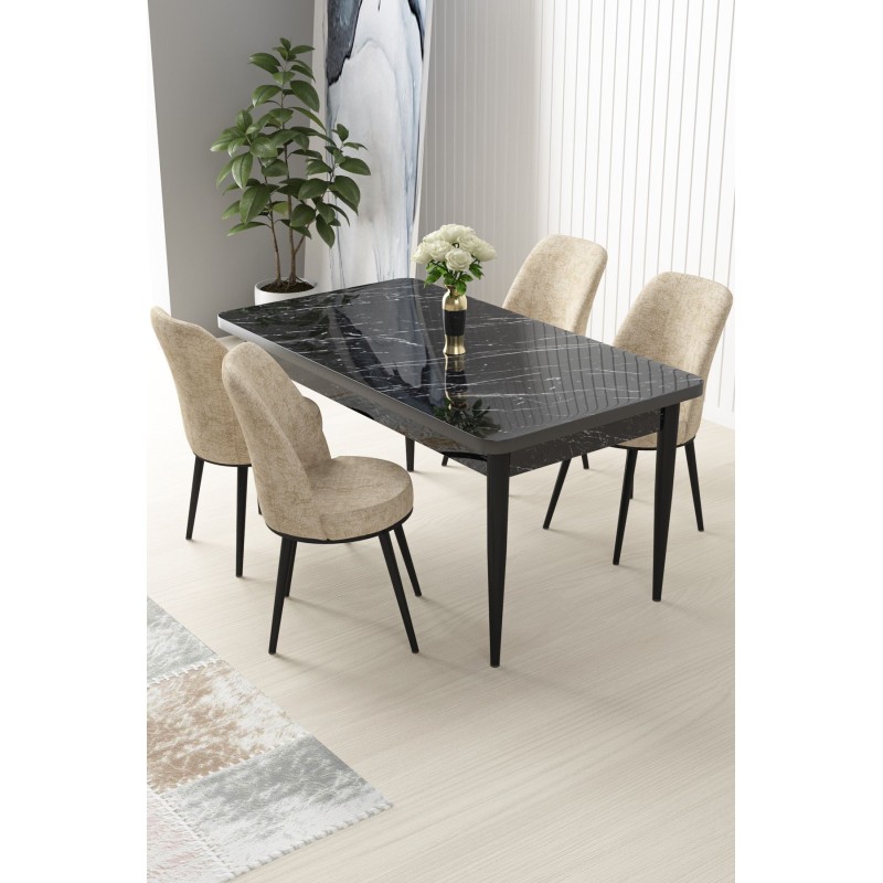Dining Table & Chairs Set (5 Pieces) Nil - Black Marble, Cream Black Marble
Cream