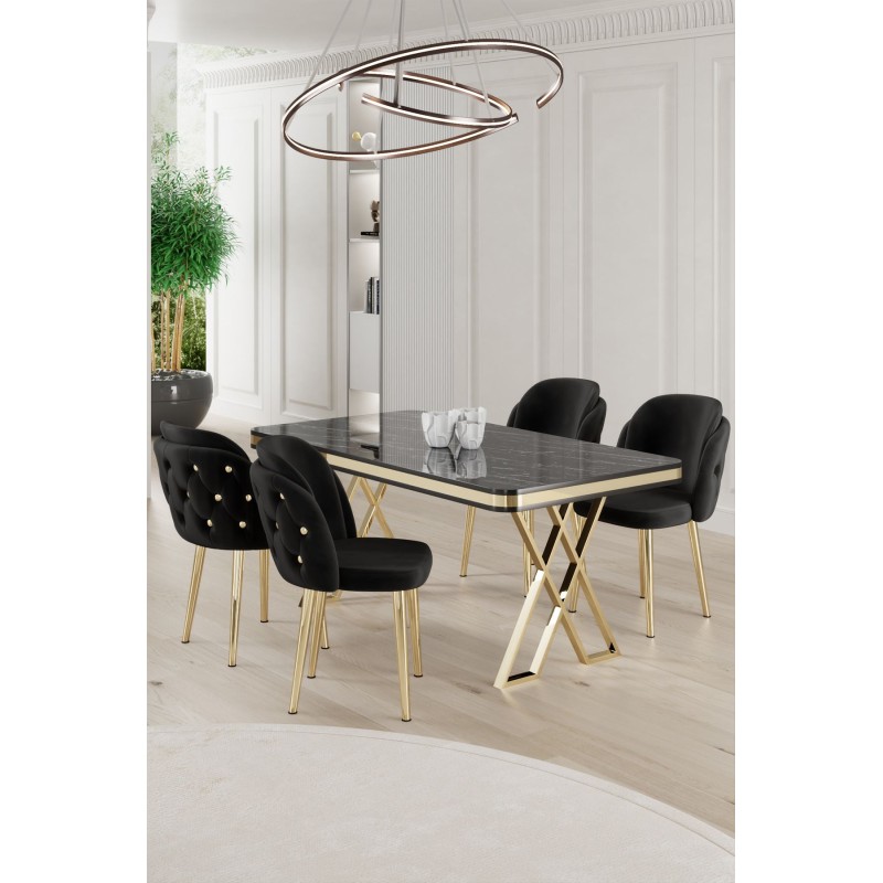 Dining Table & Chairs Set (5 Pieces) Rigel - Black Marble, Gold, Black Black Marble
Gold
Black