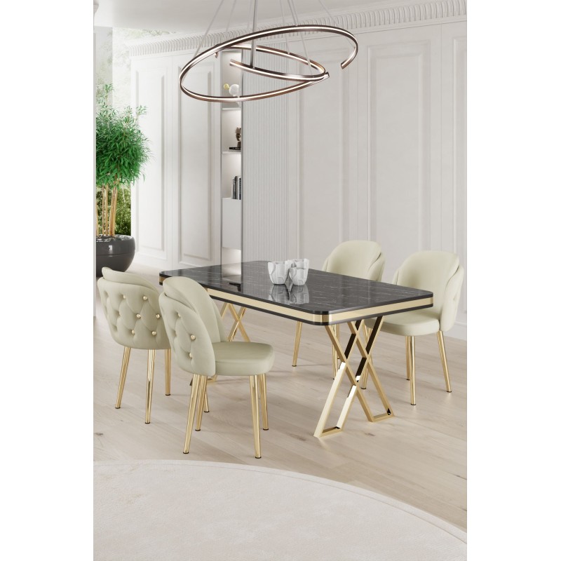 Dining Table & Chairs Set (5 Pieces) Rigel - Black Marble, Gold, Cream Black Marble
Gold
Cream