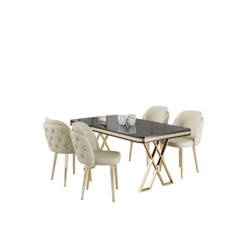 Dining Table & Chairs Set (5 Pieces) Rigel - Black Marble, Gold, Cream Black Marble
Gold
Cream