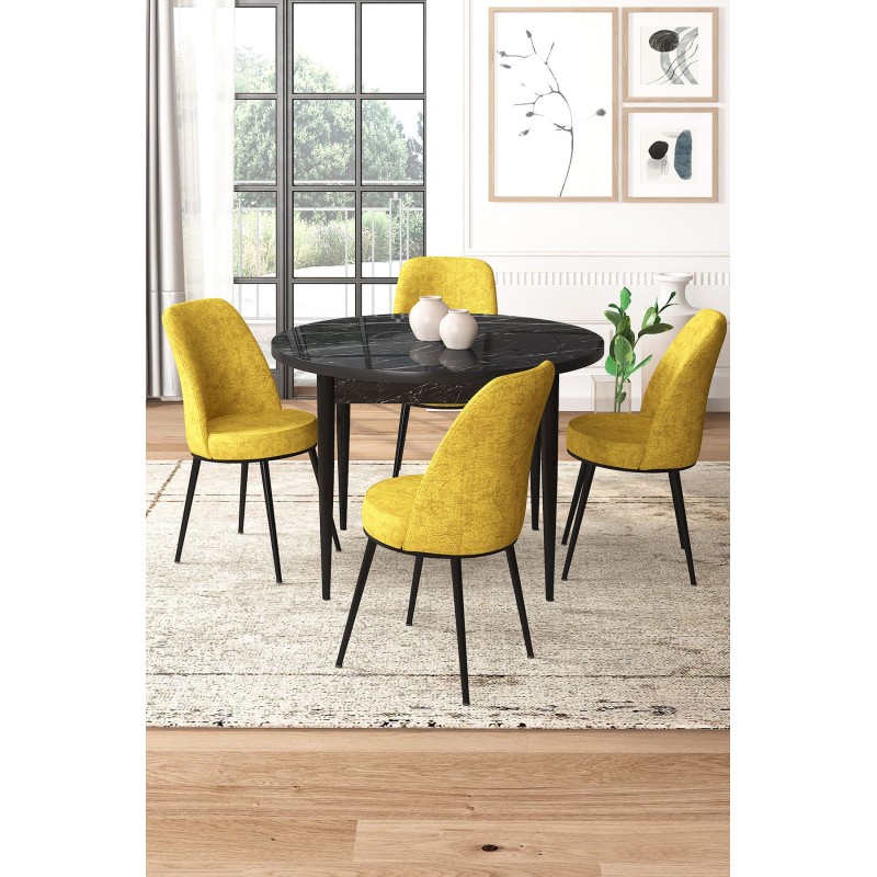 Dining Table & Chairs Set (5 Pieces) Tor - Black Marble, Mustard Black Marble
Mustard